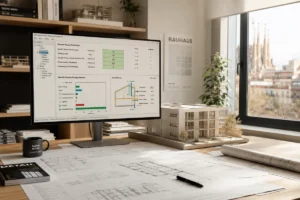 Vivienda con diseño bioclimático en Cataluña con voladizo de protección solar al sur, vegetación de hoja caduca y aprovechamiento de luz natural