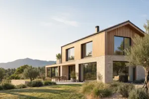 Vivienda contemporánea de madera con grandes ventanales y diseño eficiente integrada en el paisaje de Cataluña.