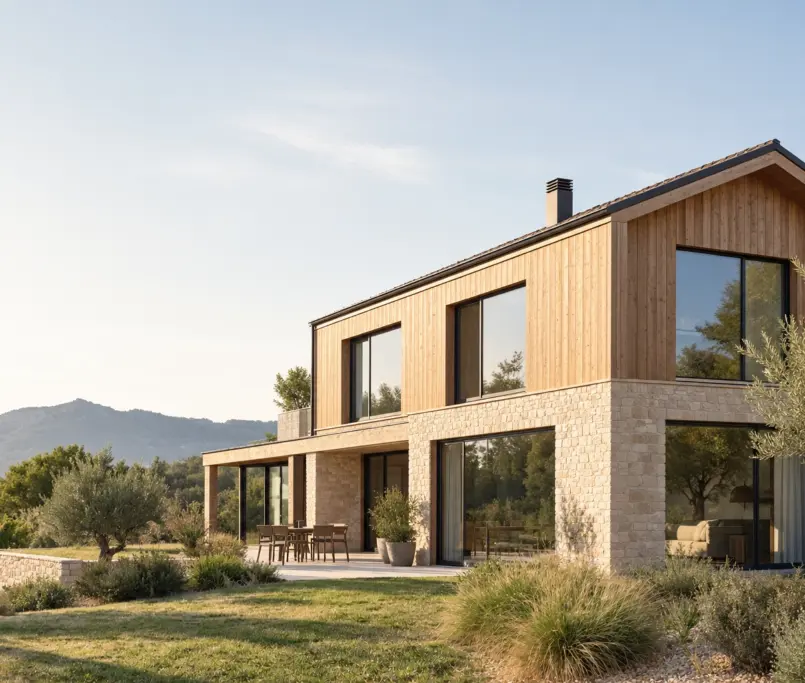 Vivienda contemporánea de madera con grandes ventanales y diseño eficiente integrada en el paisaje de Cataluña.