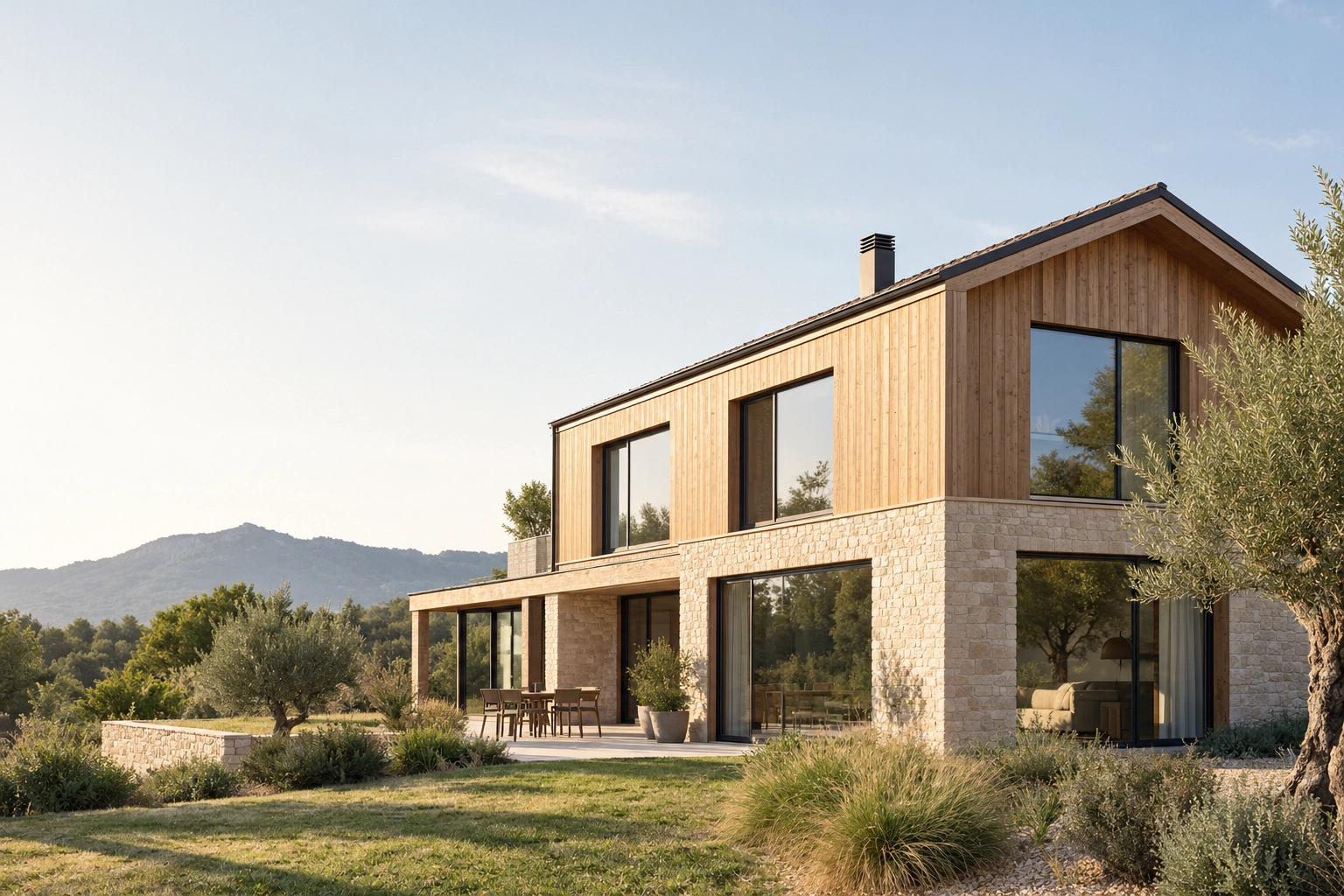 Vivienda contemporánea de madera con grandes ventanales y diseño eficiente integrada en el paisaje de Cataluña.